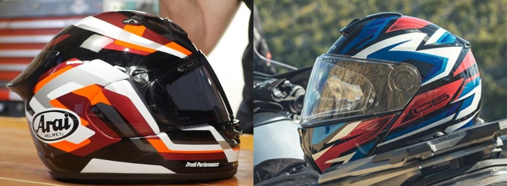 Arai Contour-X and Schuberth C5 motorcycle helmets shown side by side for touring helmet comparison