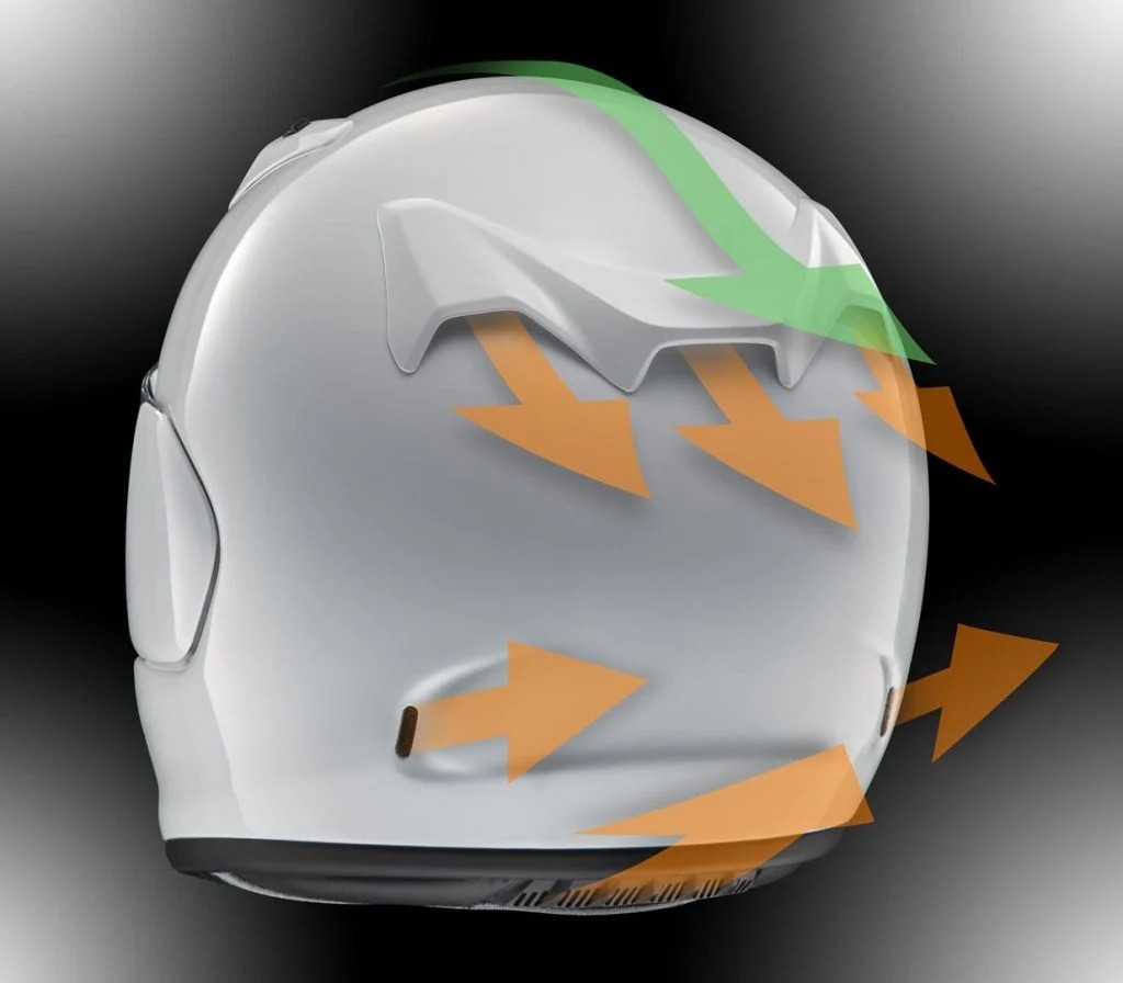Rear airflow diagram of the Arai Regent-X helmet showing intake and exhaust ventilation channels