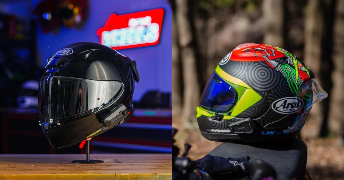Shoei RF-1400 and Arai Corsair-X helmets shown side by side with Bluetooth comm units attached