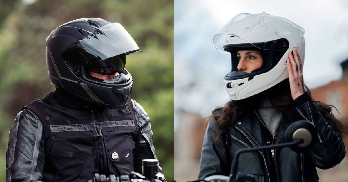 Sena Stryker and Sena Phantom helmets shown side by side with integrated Mesh communication systems