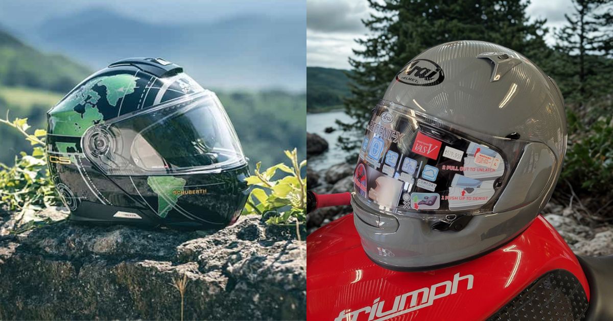 Schuberth C5 modular helmet beside an Arai Regent-X full-face helmet during a touring comparison