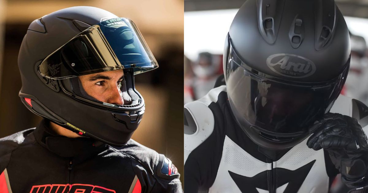 Shoei RF-1400 and Arai Corsair-X full-face helmets side by side during sport riding