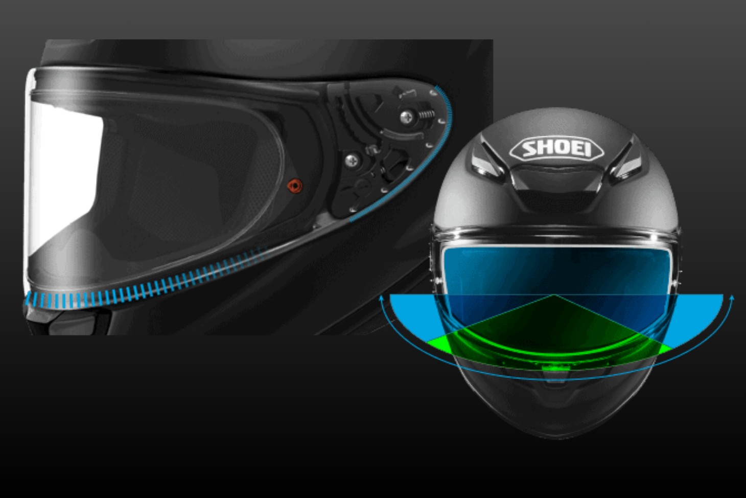 Shoei RF-1400 visor system showing shield seal and wide field of view